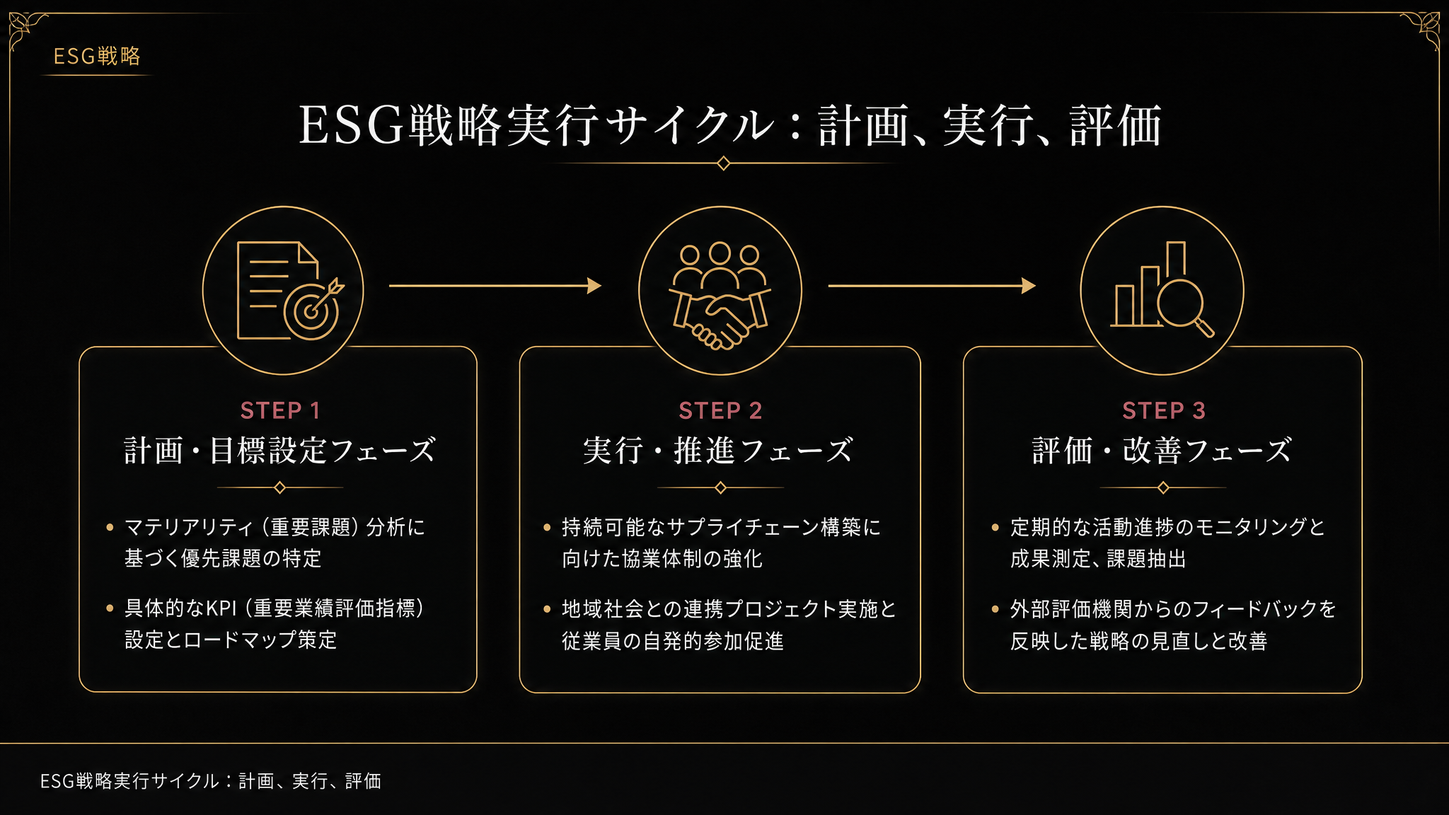 ESG戦略実行サイクル：計画、実行、評価